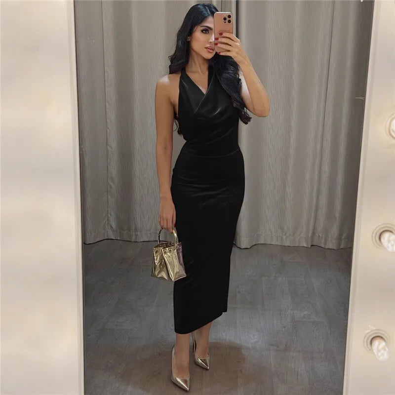 Elegant Dresses - Halter Backless Sexy Maxi Dress For Women Gown Fashion Lace-up Deep V Neck Sleeveless Bodycon Split Long Dress Elegant