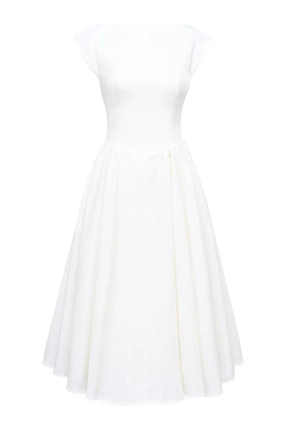 Elegant Dresses - White Backless A-line Sexy Maxi Dress For Women Gown Solid Hollow Out Sleeveless High Waist Club Pleated Dress Elegant
