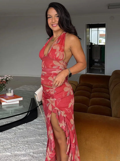 Party Dresses - Halter Deep V Neck Ruffled Sexy Maxi Dress For Women Fashion Sleeveless Backless High Waist Bodycon Club Printed Dress