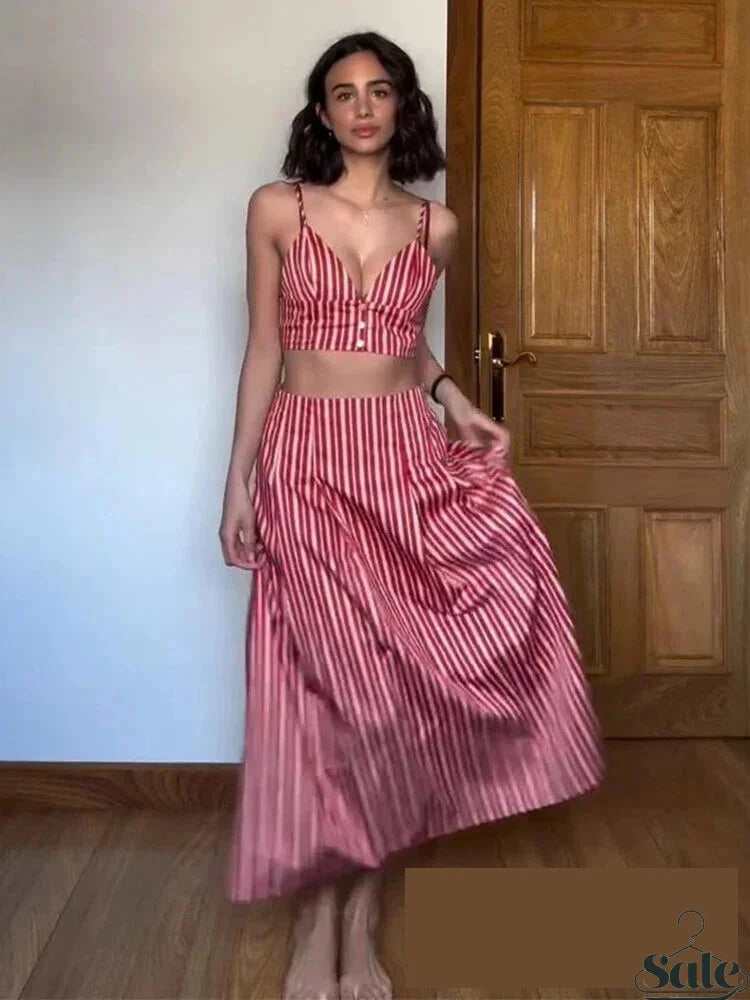 Skirts set - Sexy Club Chic Striped Women Suit Crew Neck Sleeveless Top Loose Long Straight Skirt Fashion 2025 Spring Summer Set