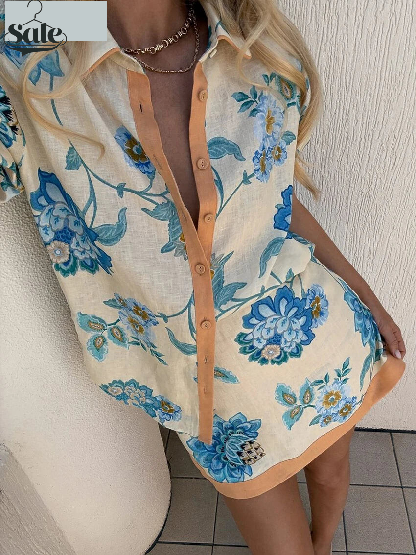 Matching Sets - Summer Loose Print Women 2 Piece Set Outfit 2025 Vintage Short Sleeve Shirt With High Waist Mini Skirt Set Streetwear