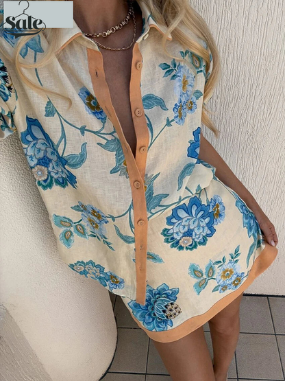 Matching Sets - Summer Loose Print Women 2 Piece Set Outfit 2025 Vintage Short Sleeve Shirt With High Waist Mini Skirt Set Streetwear