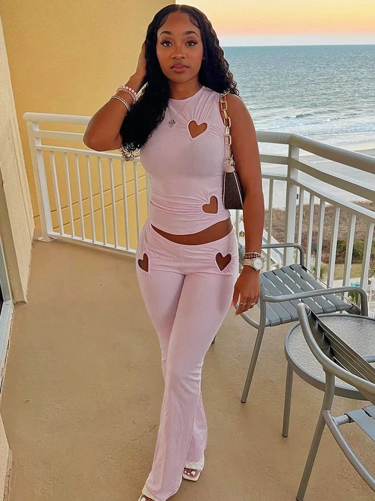Matching Sets - Spring Release Junior Ankle-Length High Street Pants Suit K25S63797 Girl Solid Slim Love Hollow Pattern Pants Suit