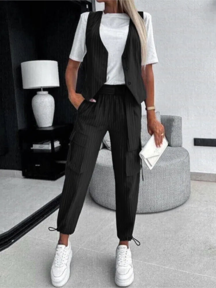 Pants Set - White Striped Vest Suit For Women Summer Casual V-neck Button Top Pocket Loose Pants Outfits Two-piece Suit For Women Elegant