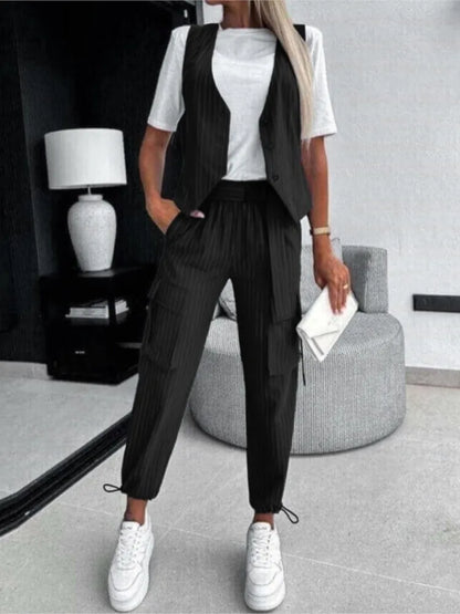 Pants Set - White Striped Vest Suit For Women Summer Casual V-neck Button Top Pocket Loose Pants Outfits Two-piece Suit For Women Elegant