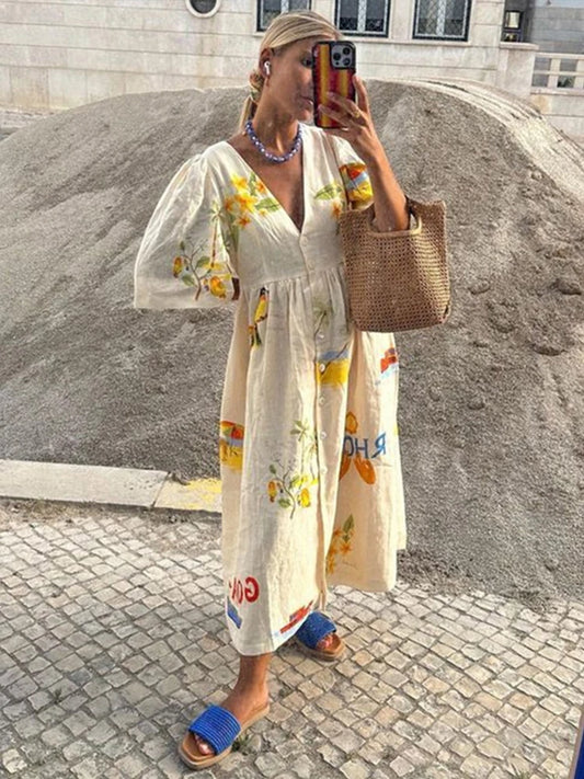 Midi Dresses - Print Dress Women V Neck Single Breasted Loose Half Sleeves Robe Female Casual Fashion Oversize High Waist Cotton Dresses Lady