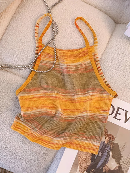 Knit Camis - 2024 Comfortable and Stylish Striped Ribbed Knit Cami Top for Women Sleeveless Square Neck Casual Top Rainbow Crop Top