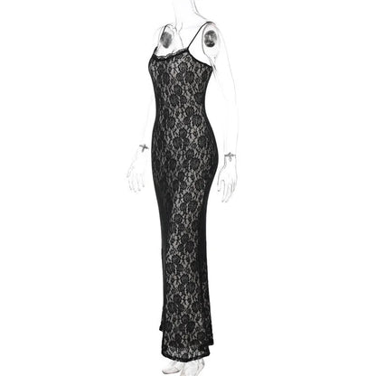 Elegant Dresses - Black Lace Sexy Maxi Dress For Women Slipdress Spaghetti Strap Sleeveless Backless High Waist Bodycon Club Long Dress