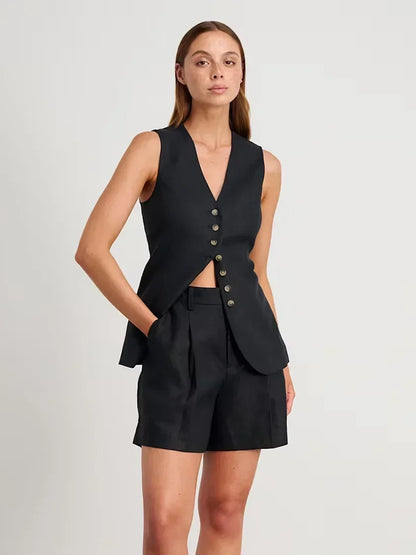 Shorts Sets - Cotton And linen Chic Casual Vest Shorts Set Women's Summer New Fashion Commuter Sleeveless Tank Top Shorts Suits