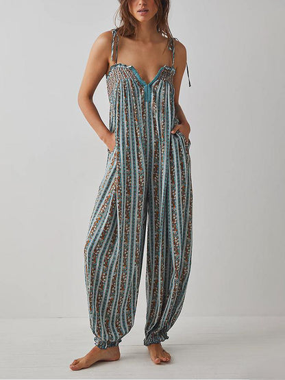 Jumpsuits - Women Summer Cami Jumpsuits Retro Floral Print Tie-Up Spaghetti Strap Sleeveless Long Rompers Fashion Loose Playsuits