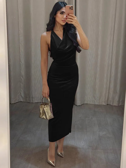 Elegant Dresses - Halter Backless Sexy Maxi Dress For Women Gown Fashion Lace-up Deep V Neck Sleeveless Bodycon Split Long Dress Elegant