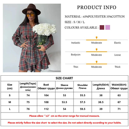 Fashion Loose Plaid 2 Piece Sets Women Outfit 2025 Elegant Long Sleeve Shirt With High Waist Mini Skirt Set Female