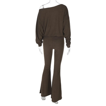 Elegant Fashion Outfits Two Piece Sets Asymmetrical Top and Flare Pant Casual Women Matching Sets Loungewear