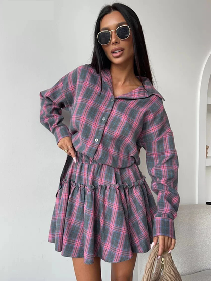 Fashion Loose Plaid 2 Piece Sets Women Outfit 2025 Elegant Long Sleeve Shirt With High Waist Mini Skirt Set Female