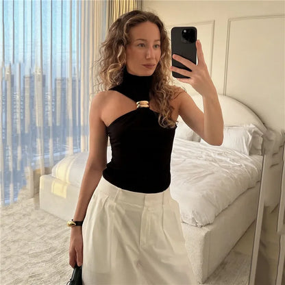 Halter Tops - Turtleneck Basic Knit Tank Tops Women Vest Pullovers Metal Ring Camisole Sleeveless Skinny Knitted Tops Y2K Cropped Top