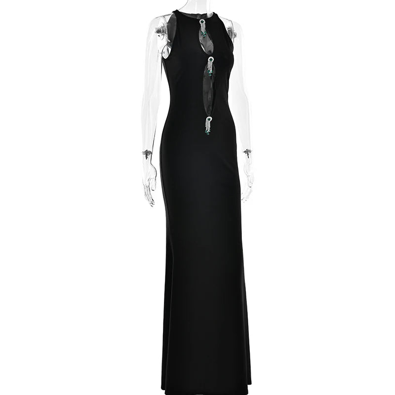 Elegant Dresses - Hollow Out Pearl Tassel Sexy Maxi Dress For Women Black O Neck Sleeveless High Waist Bodycon Club Party Long Dress