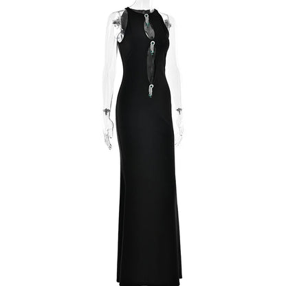Elegant Dresses - Hollow Out Pearl Tassel Sexy Maxi Dress For Women Black O Neck Sleeveless High Waist Bodycon Club Party Long Dress