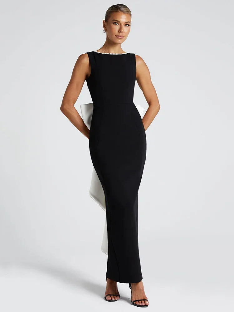 Elegant Dresses - Elegant Pearl Bow Backless Sexy Maxi Dress Women Gown Fashion Sleeveless High Waist A-line Club Party Long Dress