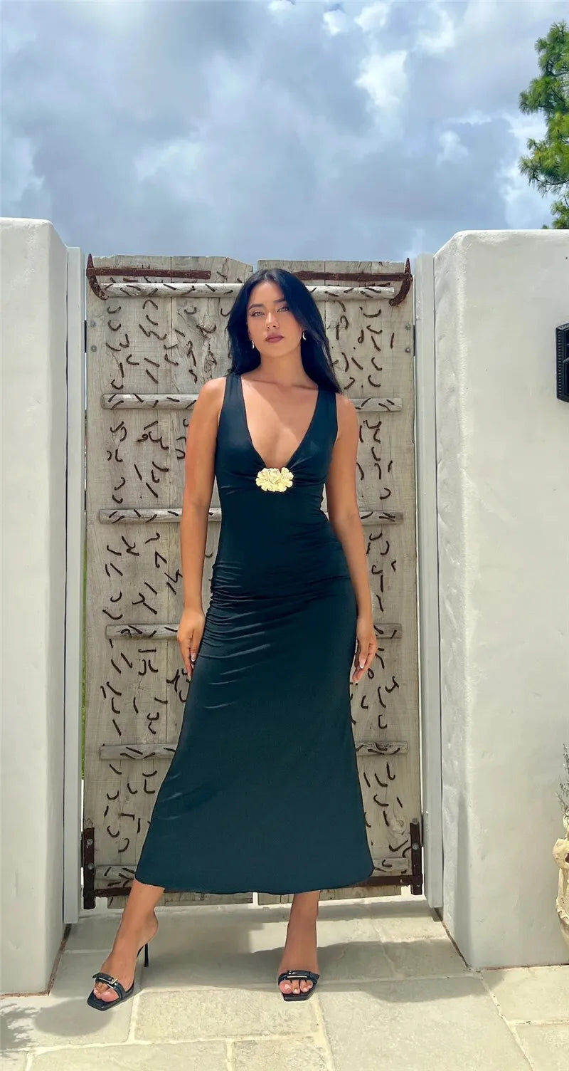 Elegant Dresses - Elegant Deep V Neck Front Gold Clasp Sexy Maxi Dress For Women Black Gown Sleeveless Slim Fit Long Tank Dress Elegant