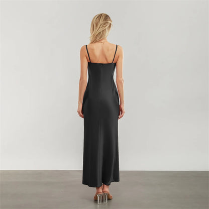 Satin Dresses - Backless Spaghetti Straps Party Long Dresses 2024 New Evening Gown Satin Vestidos Women's Cowl Neck Slip Wrap Dress