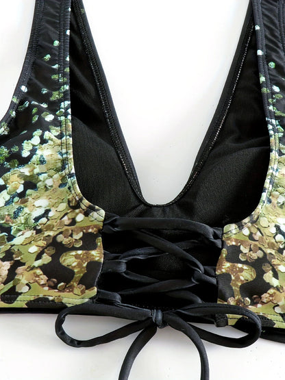 Swimwear - 2024 Drawstring V Neck High Waist Bikini Women Printed Swimwear Female Swimsuit Bathers Bathing Swimming Suit Beachwear Summer