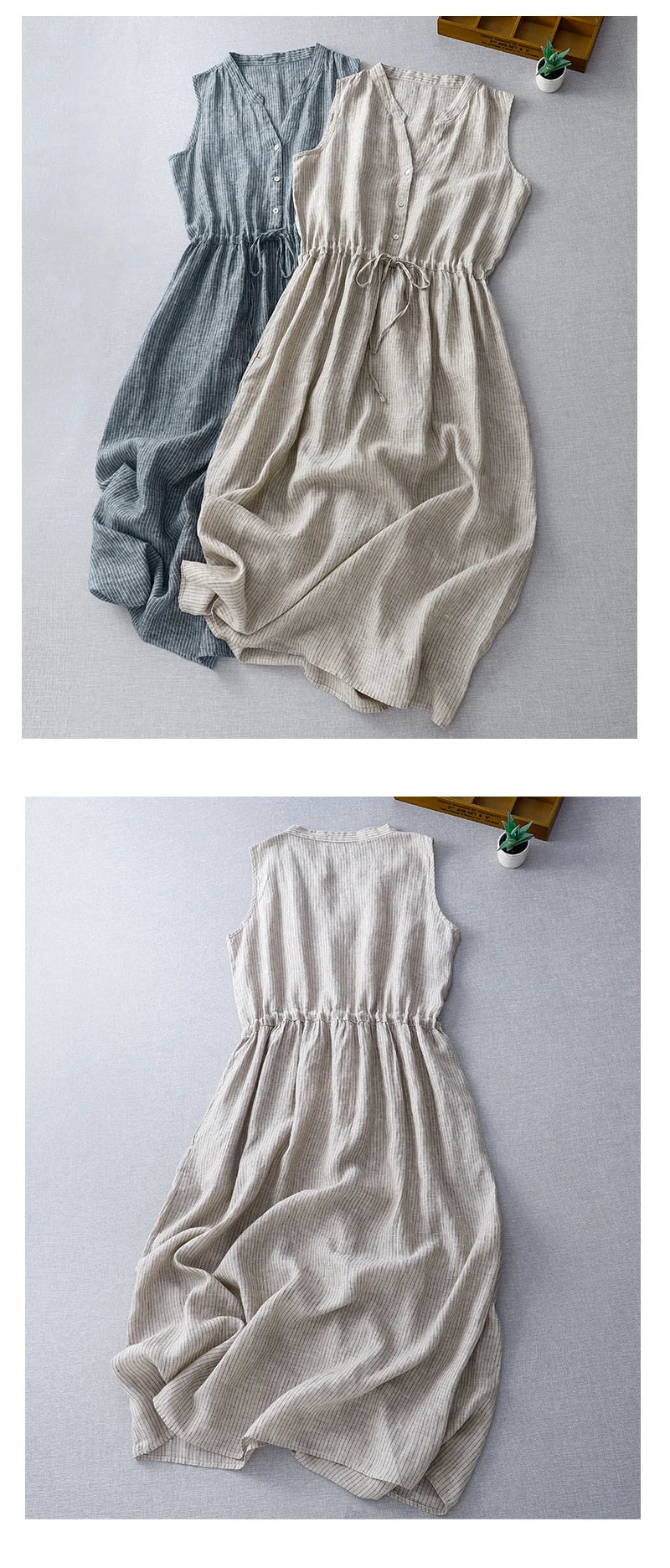 Casual Dresses - Cotton Sleeveless Dresses for Women 2025 New Summer Elegant Drawstring Tank Dress Casual Loose Vintage Stripe Female Midi Dress