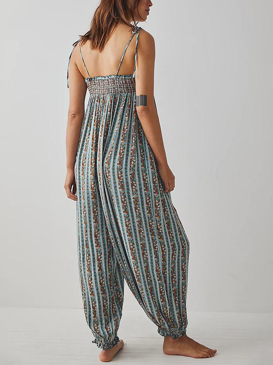 Jumpsuits - Women Summer Cami Jumpsuits Retro Floral Print Tie-Up Spaghetti Strap Sleeveless Long Rompers Fashion Loose Playsuits