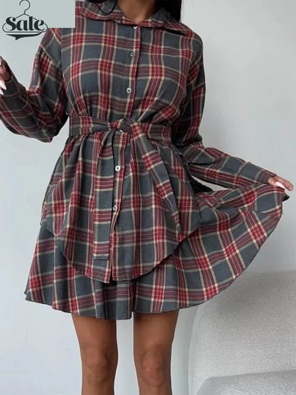 Fashion Loose Plaid 2 Piece Sets Women Outfit 2025 Elegant Long Sleeve Shirt With High Waist Mini Skirt Set Female