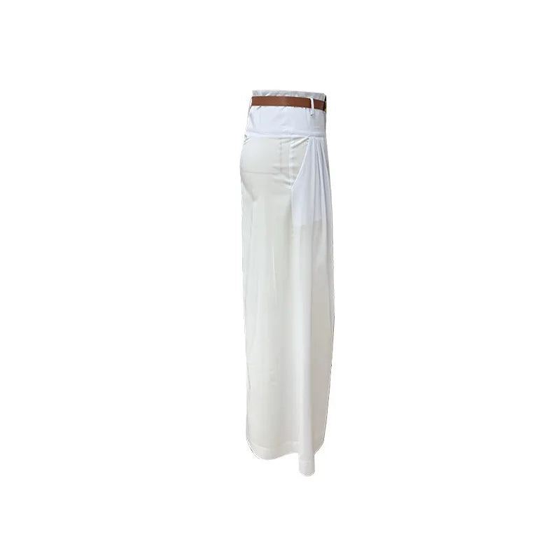 Wide-Leg Pants - Women Casual High Street Trousers with Belt Spring Summer High Waist Solid Color Fashion Pockets Loose Wide Leg Pants