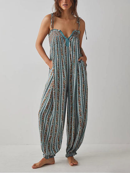 Jumpsuits - Women Summer Cami Jumpsuits Retro Floral Print Tie-Up Spaghetti Strap Sleeveless Long Rompers Fashion Loose Playsuits