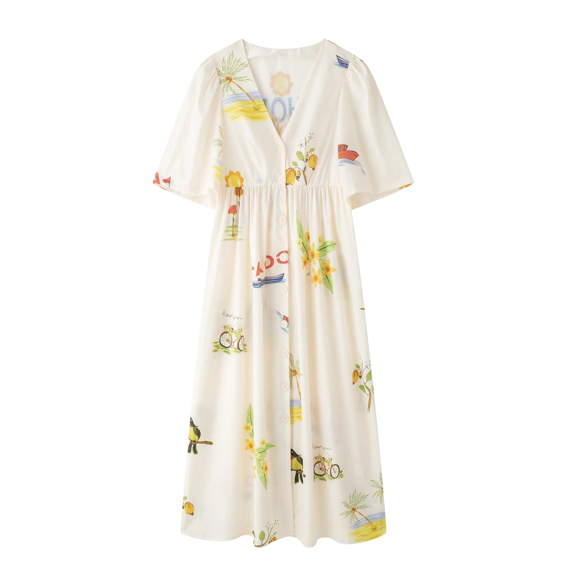 Midi Dresses - Print Dress Women V Neck Single Breasted Loose Half Sleeves Robe Female Casual Fashion Oversize High Waist Cotton Dresses Lady