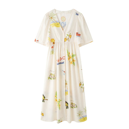 Midi Dresses - Print Dress Women V Neck Single Breasted Loose Half Sleeves Robe Female Casual Fashion Oversize High Waist Cotton Dresses Lady