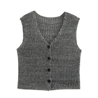 Knit Tops - Female Casual Slim Fit Sleeveless Single Breasted V Neck Crop Top Elegant Knit Vest for Women 2024 Fashion Lady Outwear