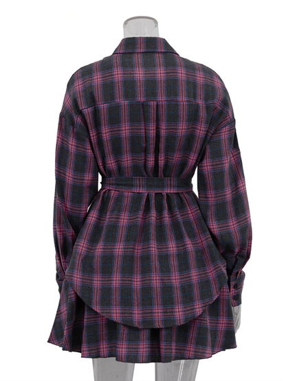 Fashion Loose Plaid 2 Piece Sets Women Outfit 2025 Elegant Long Sleeve Shirt With High Waist Mini Skirt Set Female