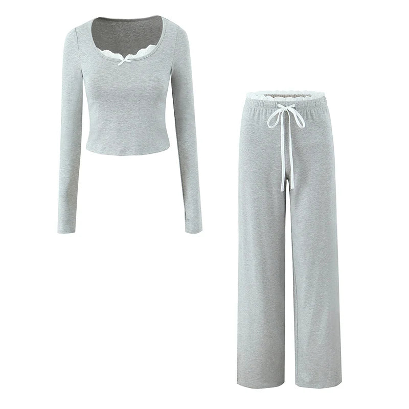 Loungewear - Women Lace Top Pant Suit Casual Bow Lace Up Patchwork Blouse Loose Elastic Waist Trouser Female Sets 2025 Spring Lady Streetwear