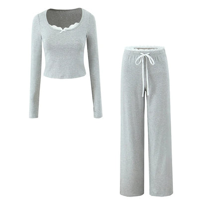 Loungewear - Women Lace Top Pant Suit Casual Bow Lace Up Patchwork Blouse Loose Elastic Waist Trouser Female Sets 2025 Spring Lady Streetwear