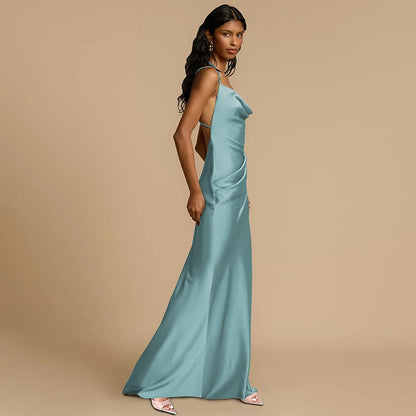 Elegant Dresses - Spaghetti Strap Backless Sexy Maxi Dress Women Gown Fashion Solid Sleeveless Bodycon Evening Club Long Dress Elegant