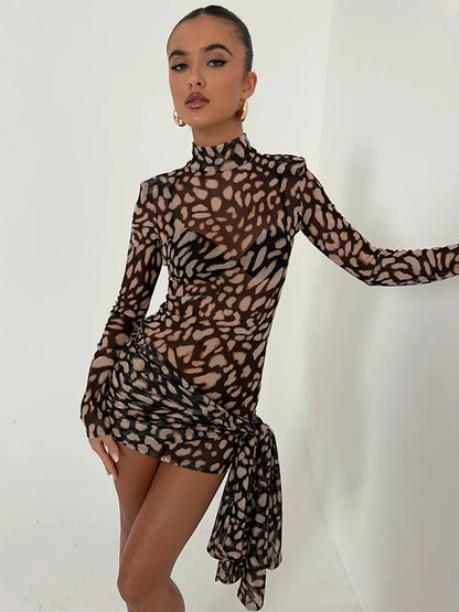 See-through Dresses - Mesh Leopard Print Sexy Mini Dress For Women Robe Fashion Turtleneck Draped Ruched High Waist Club Dress Vestido
