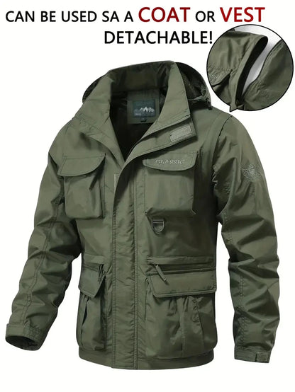 Men Coats - Detachable windproof sleeved hooded jacket suitable for outdoor activities men's casual waterproof multi pocket jacket vest