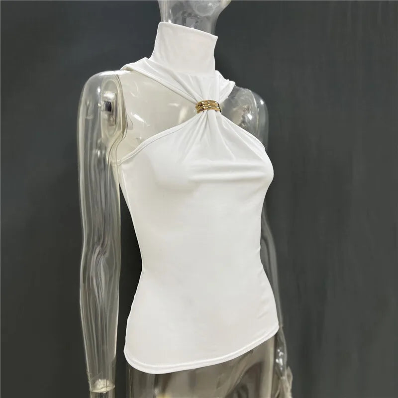 Halter Tops - Turtleneck Basic Knit Tank Tops Women Vest Pullovers Metal Ring Camisole Sleeveless Skinny Knitted Tops Y2K Cropped Top