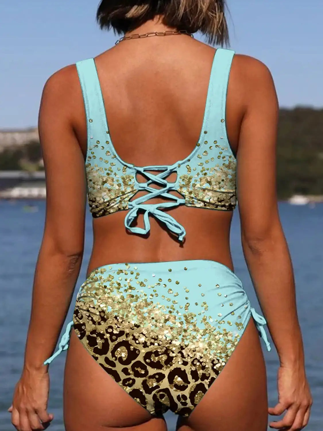 Swimwear - 2024 Drawstring V Neck High Waist Bikini Women Printed Swimwear Female Swimsuit Bathers Bathing Swimming Suit Beachwear Summer