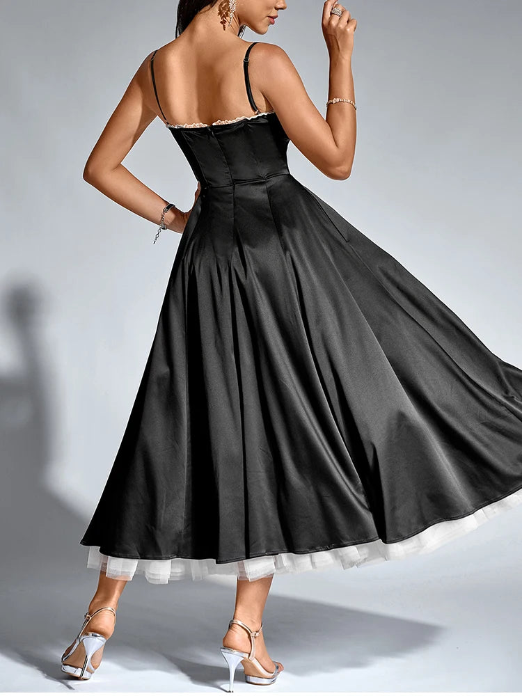 Elegant Dresses - Women's Adjustable Straps V-Neck Lace Slip Long Corset Dress Backless Contrast Elegant Casual Party Midi Dresses Black