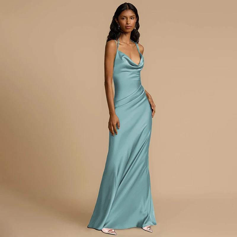 Elegant Dresses - Spaghetti Strap Backless Sexy Maxi Dress Women Gown Fashion Solid Sleeveless Bodycon Evening Club Long Dress Elegant