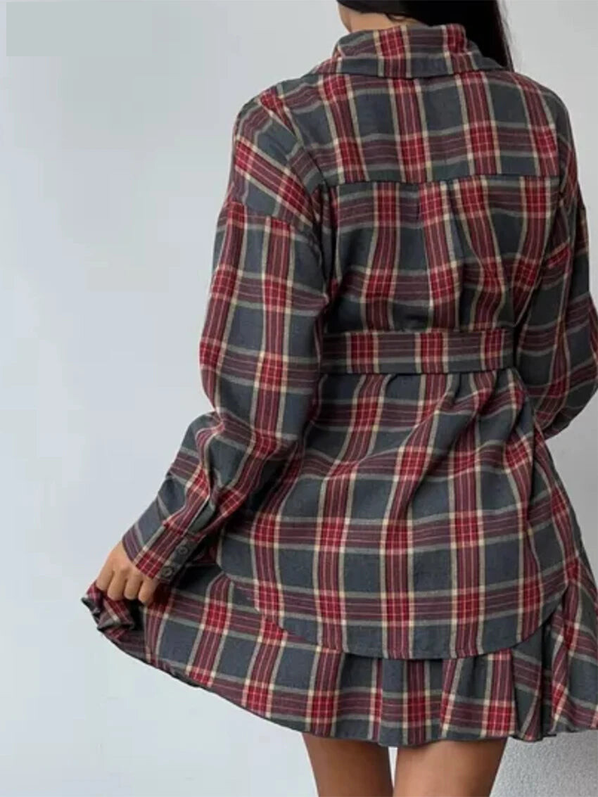 Fashion Loose Plaid 2 Piece Sets Women Outfit 2025 Elegant Long Sleeve Shirt With High Waist Mini Skirt Set Female