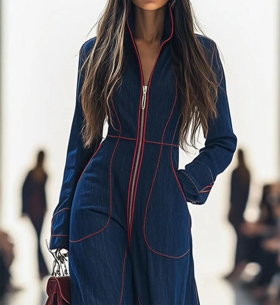 New Fashion Casual Autumn/Winter Long Sleeve V-neck Pockets Solid Color Zipper Wide Leg Jumpsuits