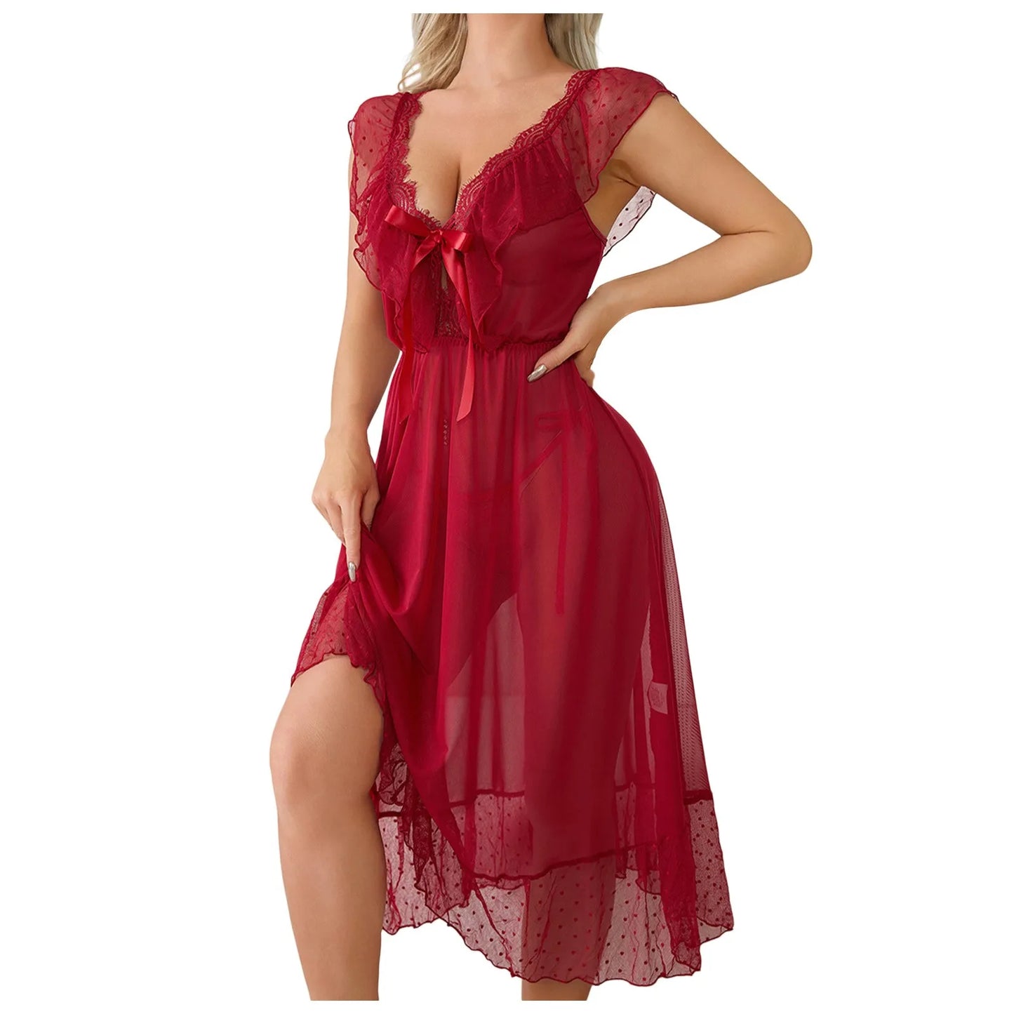  - Fashion Sexy Lace Underwear Pure Desire Wind Nightdress Chiffon Mesh Floral Edge Nightdress Women Pajama ночнушка женская