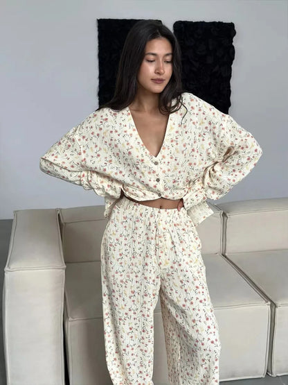 Pajamas Set - 100% Cotton Printed Cardigan Pajama Set Women's New Autumn Long Sleeved Pants Pajamas Loose Home Clothing 2-piece Set
