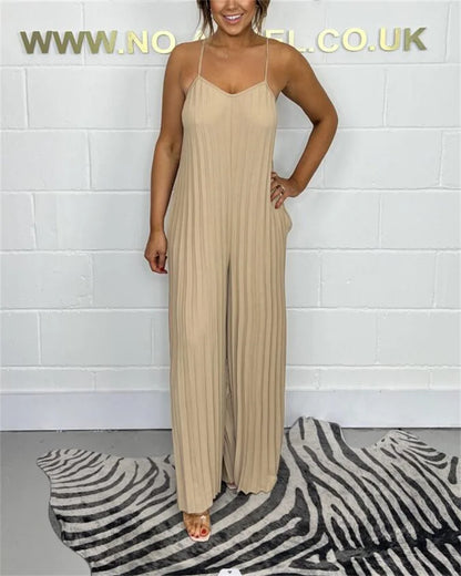 Jumpsuits - Plus-size women's jumpsuit full-body pressure pleated solid color sleeveless suspenders jumpsuit plus-size women's clothing