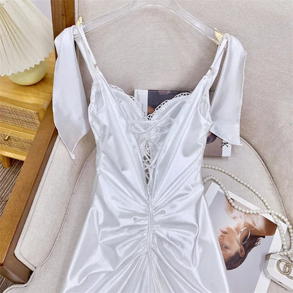 Elegant Dresses - Solid Color White Lace Up Backless Women's Dresses Retro Roman Mythology Knitted Pearl Elastic Fishbone Dress 2025