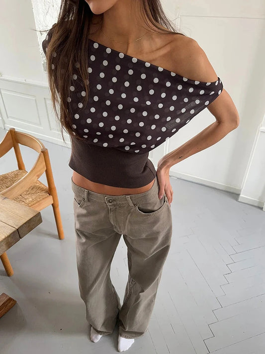 Crop Blouses - Backless Polka Dot Crop Tops Women Vest Fashion Summer New Oblique Shoulder Sleeveless Tank Tops Pullovers Female